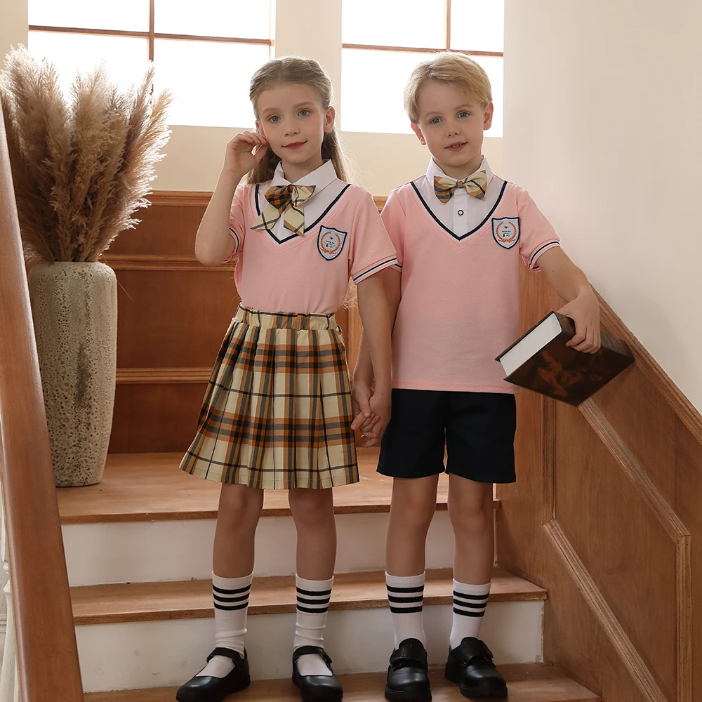 Navy Blue Primary Kindergarten Summer School Uniforms Cotton Polyester Stylish Shirt Design Boys Spring Graduation Uniform Sets