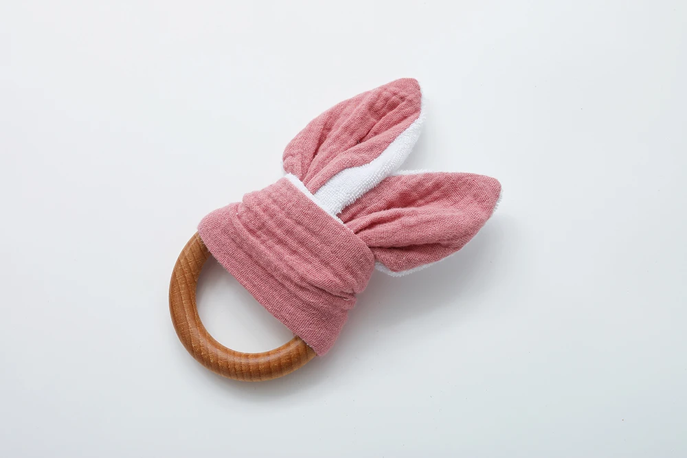 Toddler Triangle Scarf Feeding Bibs Soft Gauze Towel Rabbit Ear Teether70mm Safe Organic Wooden Ring set