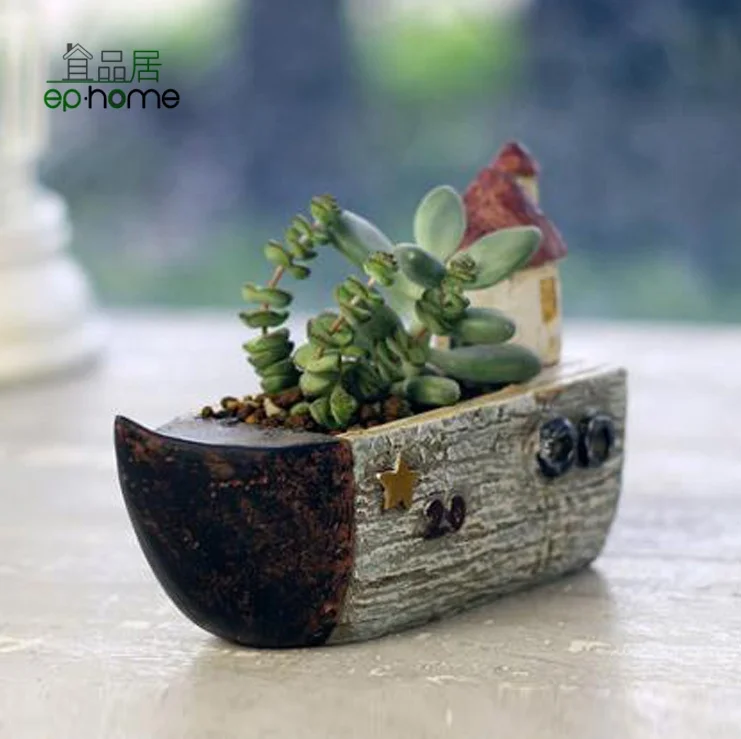 Garden DIY Gift Mini Wooden Boat Shape Flower Pot Bonsai for Succulent Planters Cactus