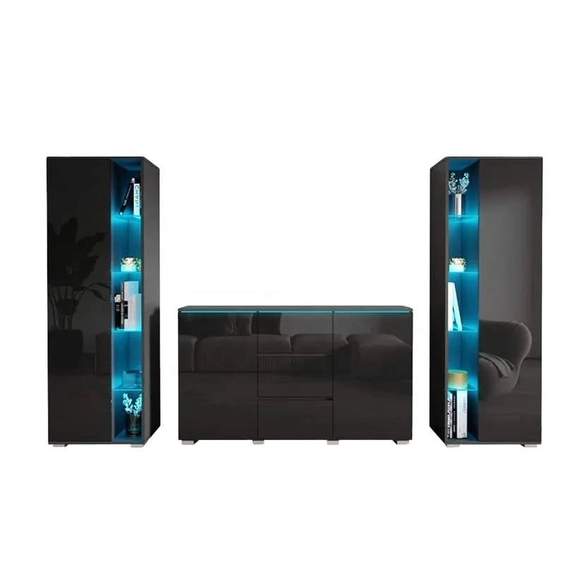 high gloss living room furniture sets Wall Unit Entertainment Center black Moderen Cabinet Furniture With LED Lights