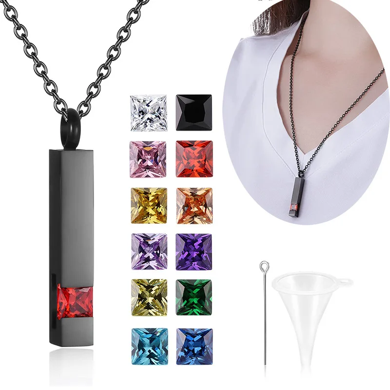 Personalized Memorial Keepsake Custom Stainless Steel Birthstone Cubic Zirconia Bar Pendant Urn Necklaces for Ashes