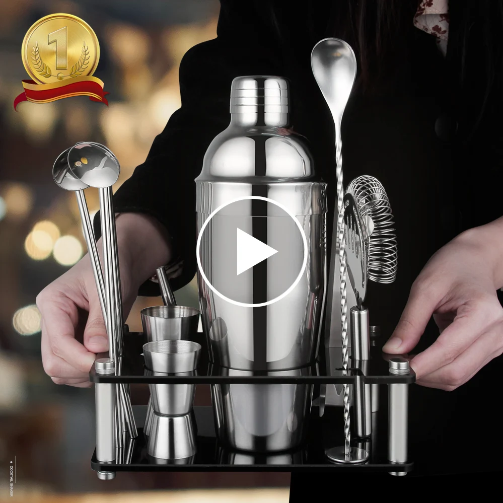 Hot Selling Bar Accessories Tools 14 pcs Stainless Steel Cocktail Shaker Set with Acrylic Stand