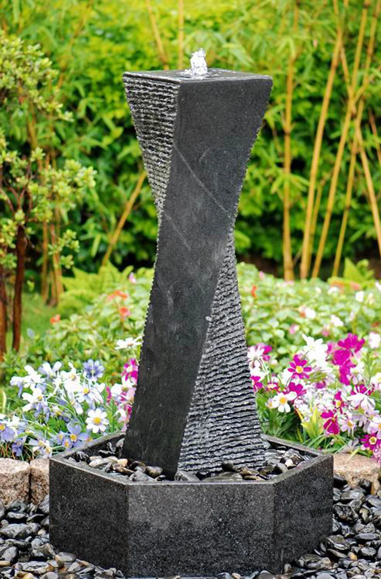 Grey Stone Water Fountains Granite Outdoor Natural Rock Hand Curved Sculpture with Electric Power Cord for Yard Art Decoration