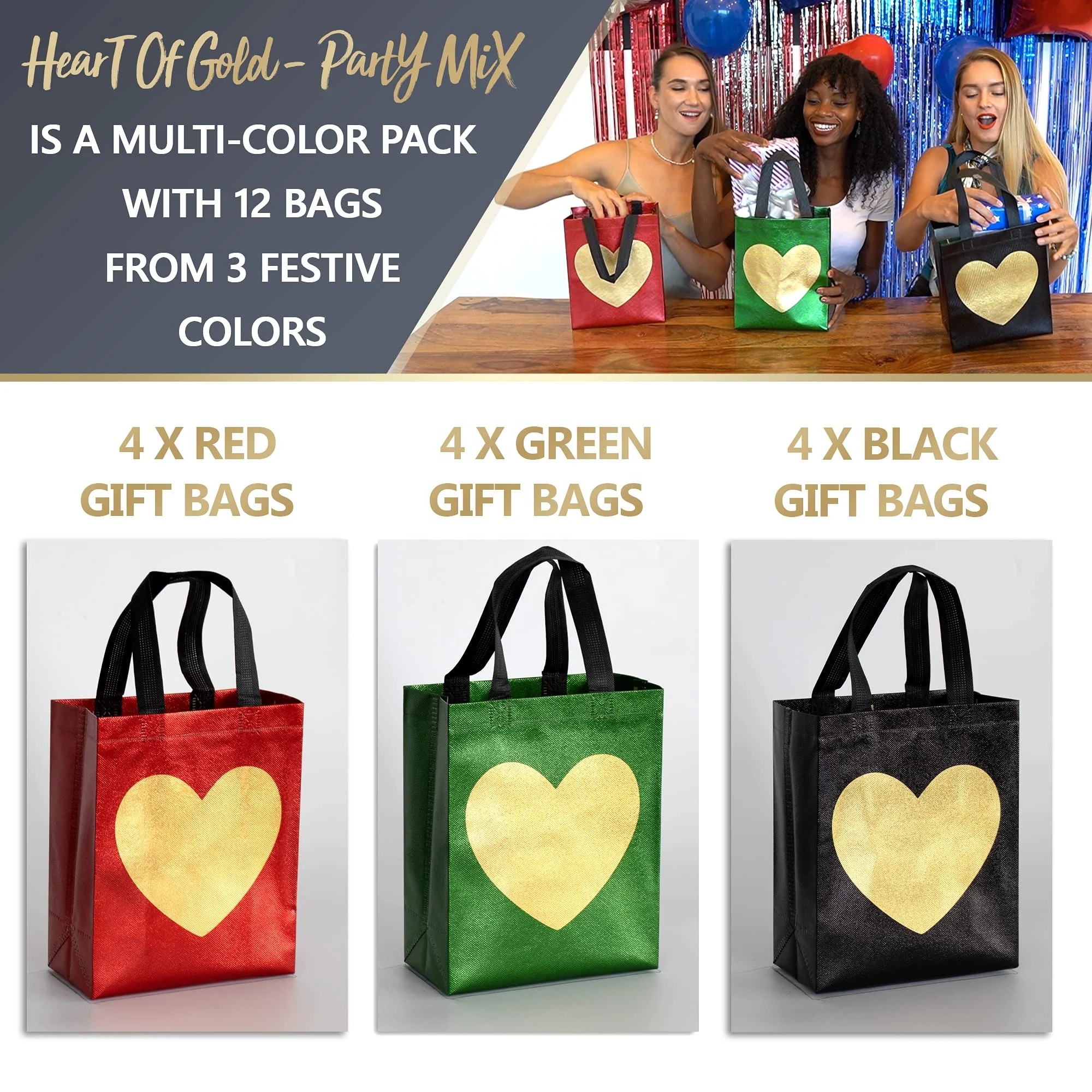 Christmas Party Medium Size Red Green Black Eco-friendly Gift Glossy Finish Reusable Non Woven Pp Bag With Shiny Gold Heart