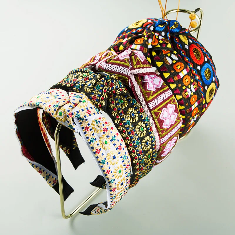 Лидер продаж 2020, повязка на голову в этническом стиле, Женская тканая повязка на голову с вышивкой, аксессуары для волос с узлом