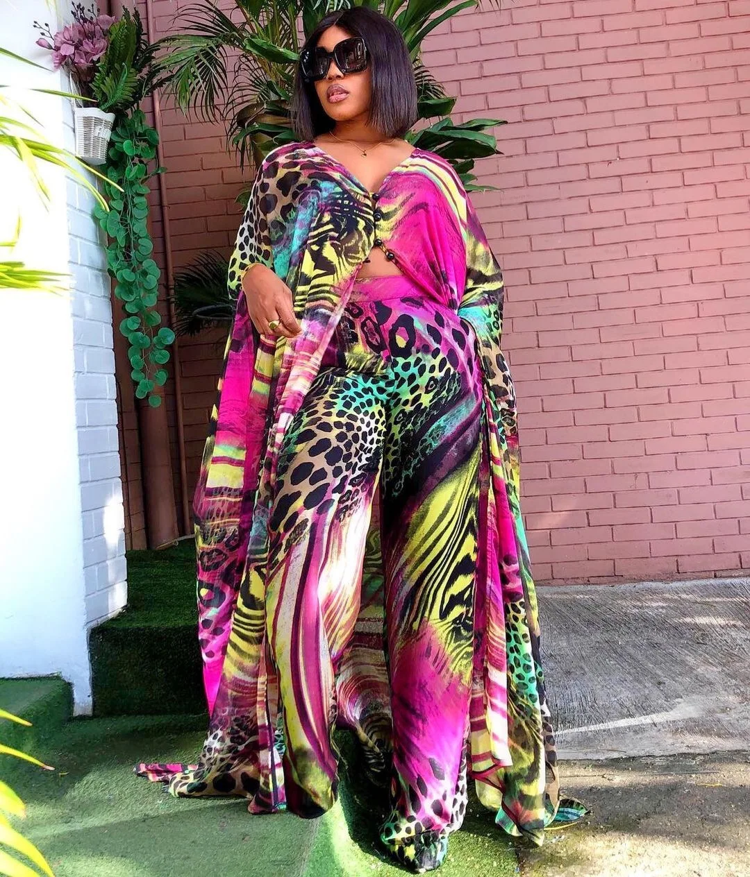 2021 Muslim Arab Casual Two Pieces Set Printing Batwing Sleeve African Women Abaya Kaftan Style Robe Long Dress Muslim Islamic