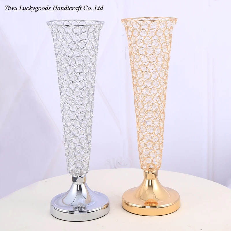 LG20180109-2 Factory Hot Sale Tall Gold Silver Galvanized Metal Vase with Crystal for Wedding Decoration