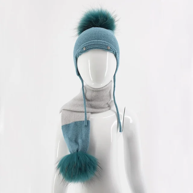 Winter Baby A Set of Hat and Scarf with Double Fur Pompom for Children two pieces Braid Hat