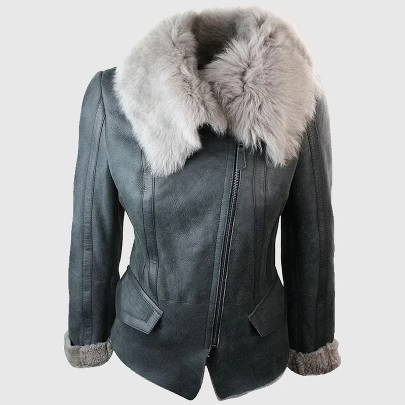 2023 Real Fur Aviator Leather Jacket High Quality B3 Thick Winter Heavy Bomber Jackets for Women Sheepskin Wool Coats