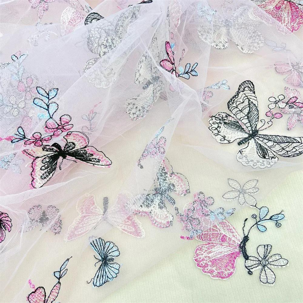 New Products Popular Pink Butterfly lace embroidery sewing lace fabric wedding dresses