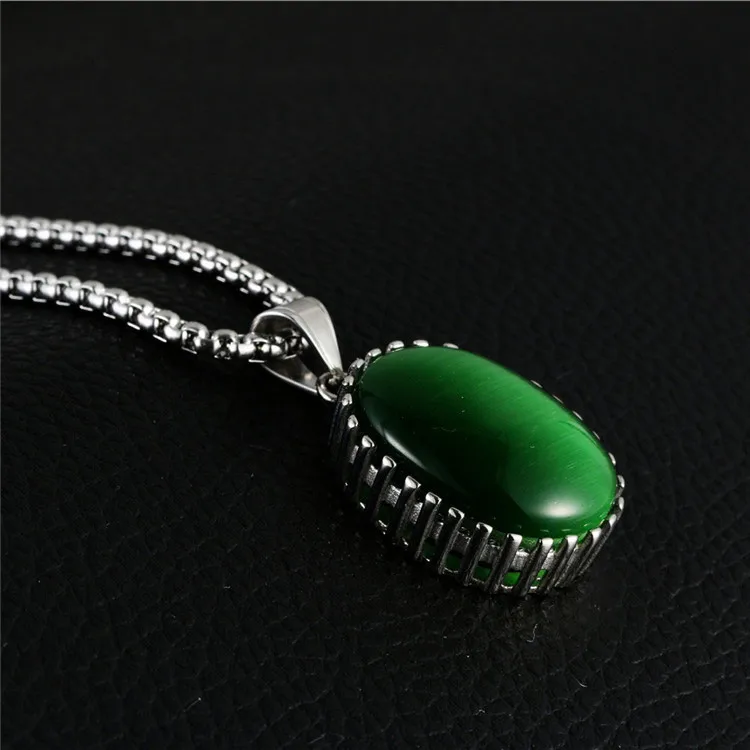 Fashion jewelry green yellow blue cat eye stone oval shape silver stainless steel pendant necklace with chain