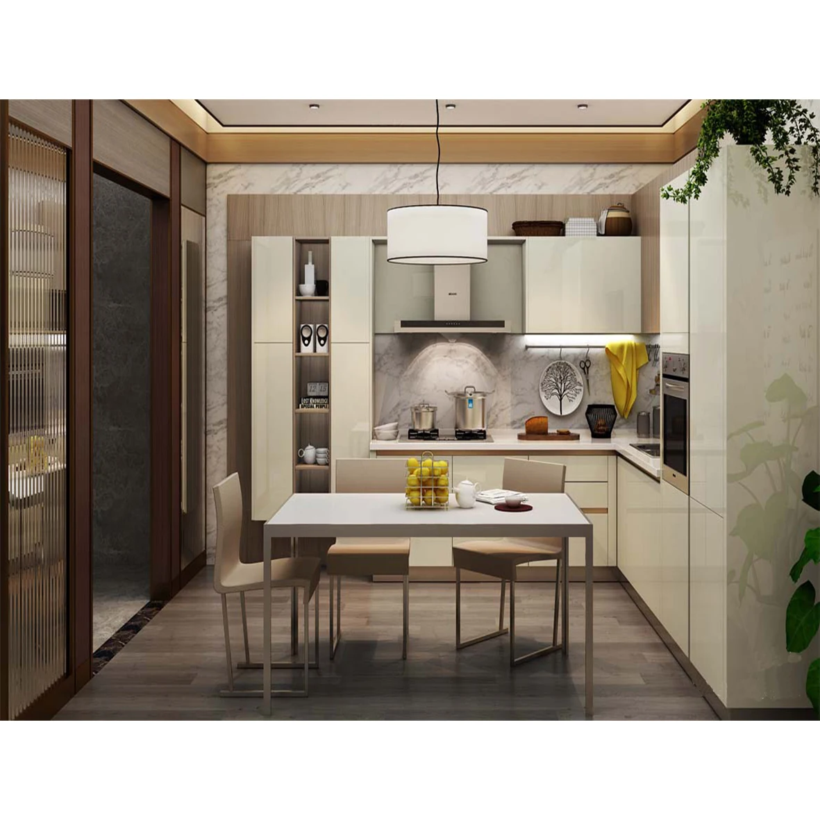 
Hot Sale Wholesale hotel project PVC kitchen cabinets with Insland 