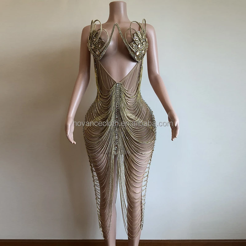 New Arrival Product Unique Special Design Night Club Dresses Sexy Women Sexy Shiny  Chain Hollow Out Gown Prom Dress
