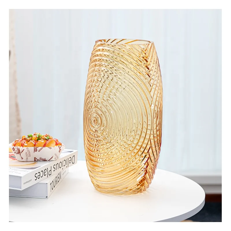 Light Orange Glass Vase For Home Decoration Flower Vase Water Wave Pattern Vase