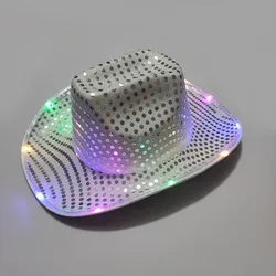 CEN-139 Wholesale Custom Unisex Pink  White Light up Cowgirl  Glow In The Dark glitter Cowboy Sequin Led Jazz Hat for wedding
