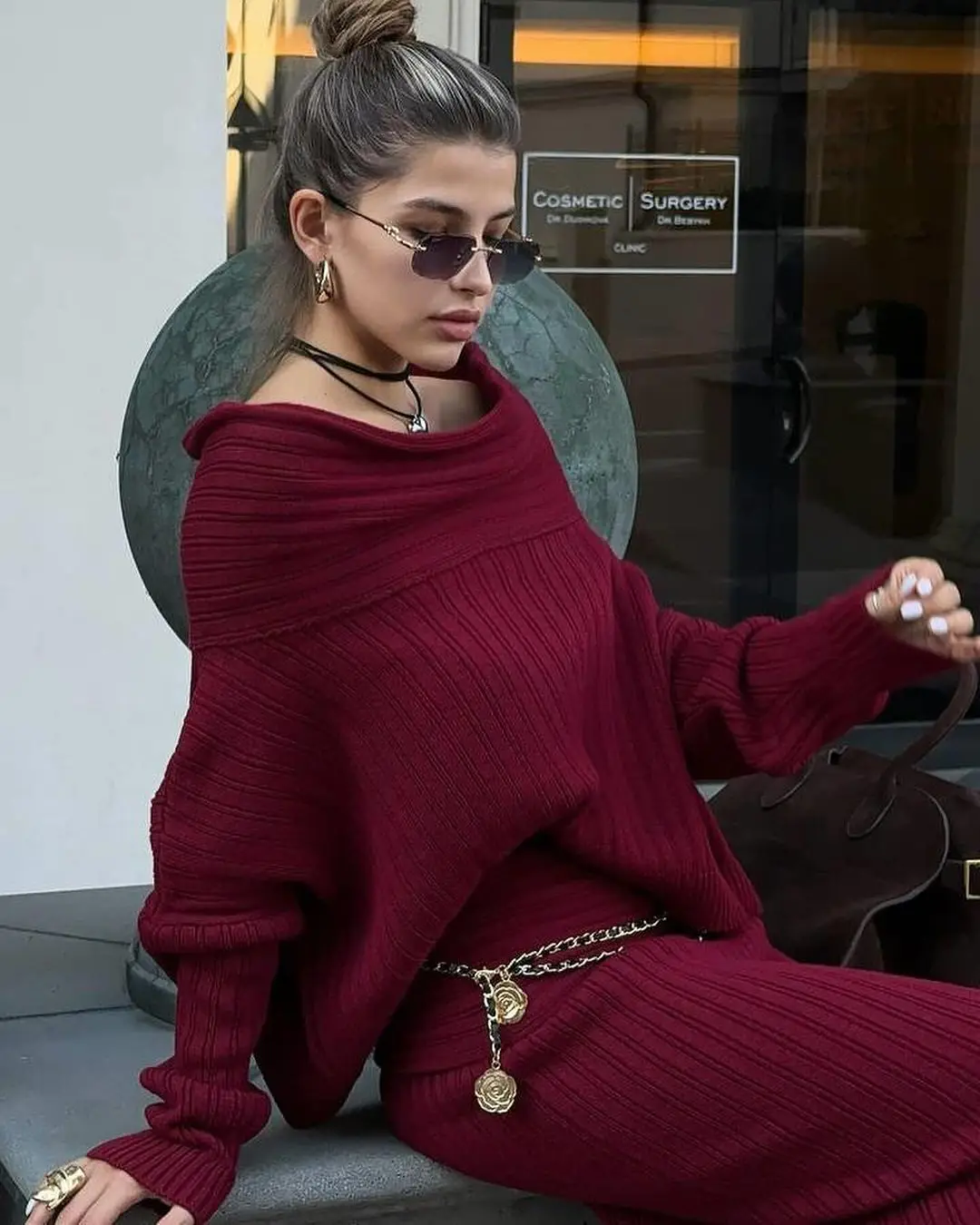 King Mcgreen star High quality Sexy Irregular Casual Sweater Set Off-the-shoulder Retro Simple long sleeve loose skirts sets
