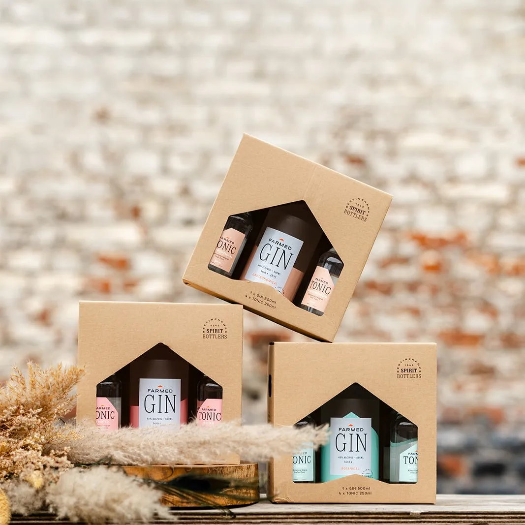 Botanical 3 x Gin Gift Box 1 Bottle 50cl Farmed Gin & 4 Tonic 25cl Bulk Gin Tonic Gift Package with Promotional Business Logo