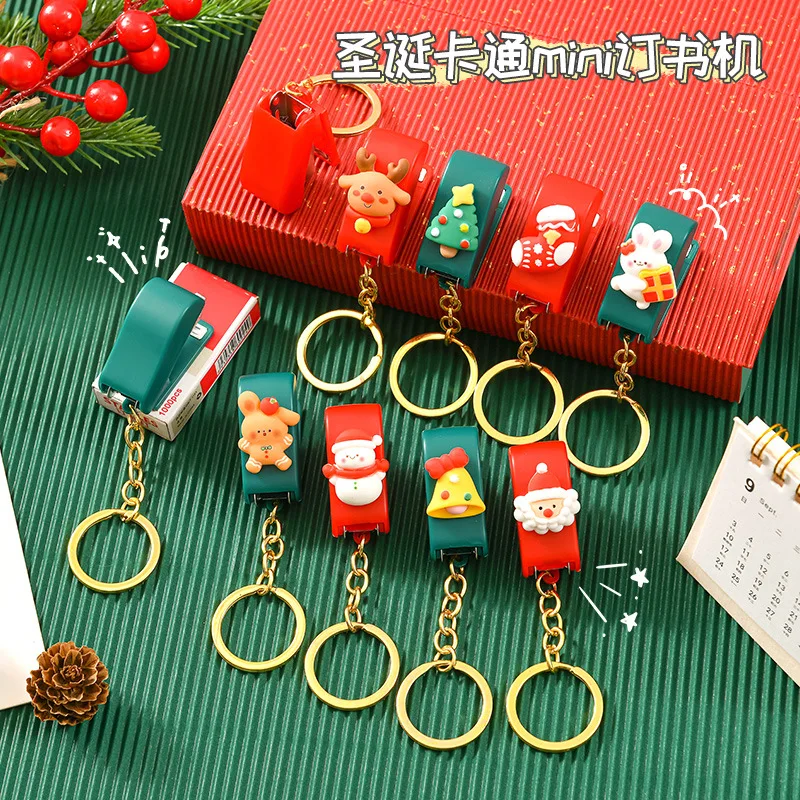 High Quality Christmas Cute cartoon mini Stapler Student Small Stapler With Key Chain Christmas Gift Binding Machine Wholesale