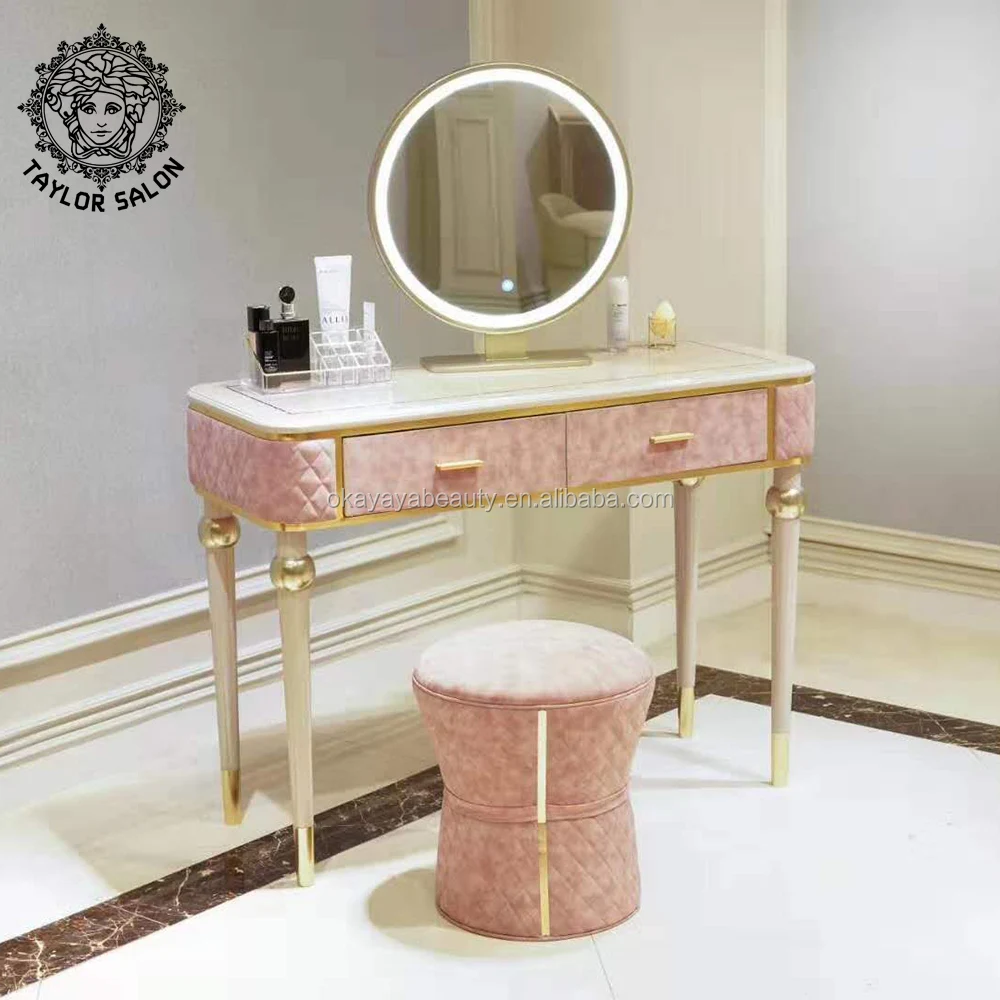 Beauty salon furniture makeup mirror stations vanity table dressing table with mirror and stool