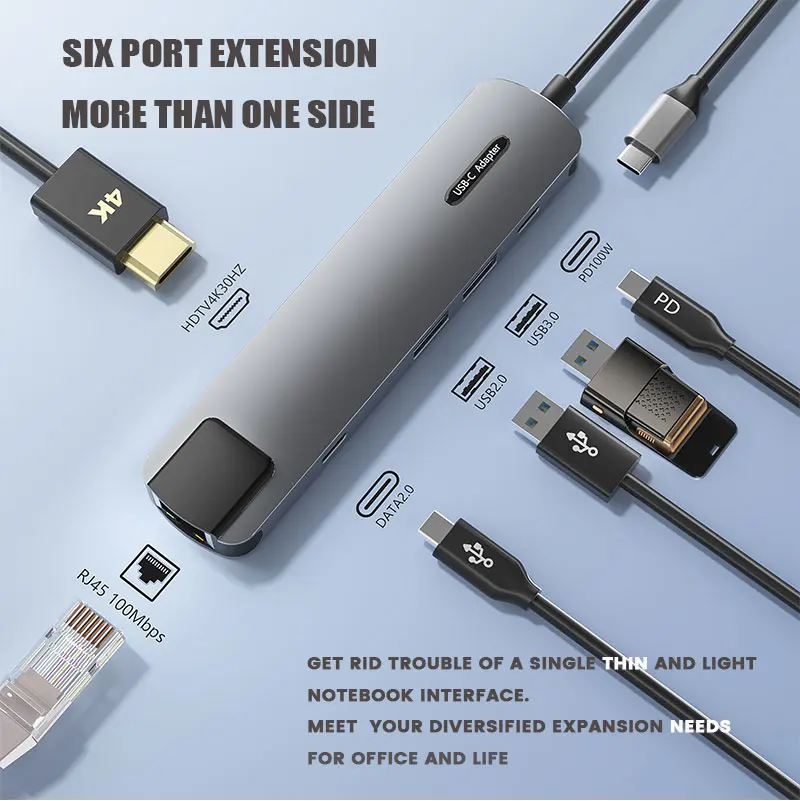 Aluminium Alloy 6 Ports  Type-C To Usb Hub With Pd 100W Hdtv 4K Multi Functional Usb C Hub Device Ethernet Hub Usb-C