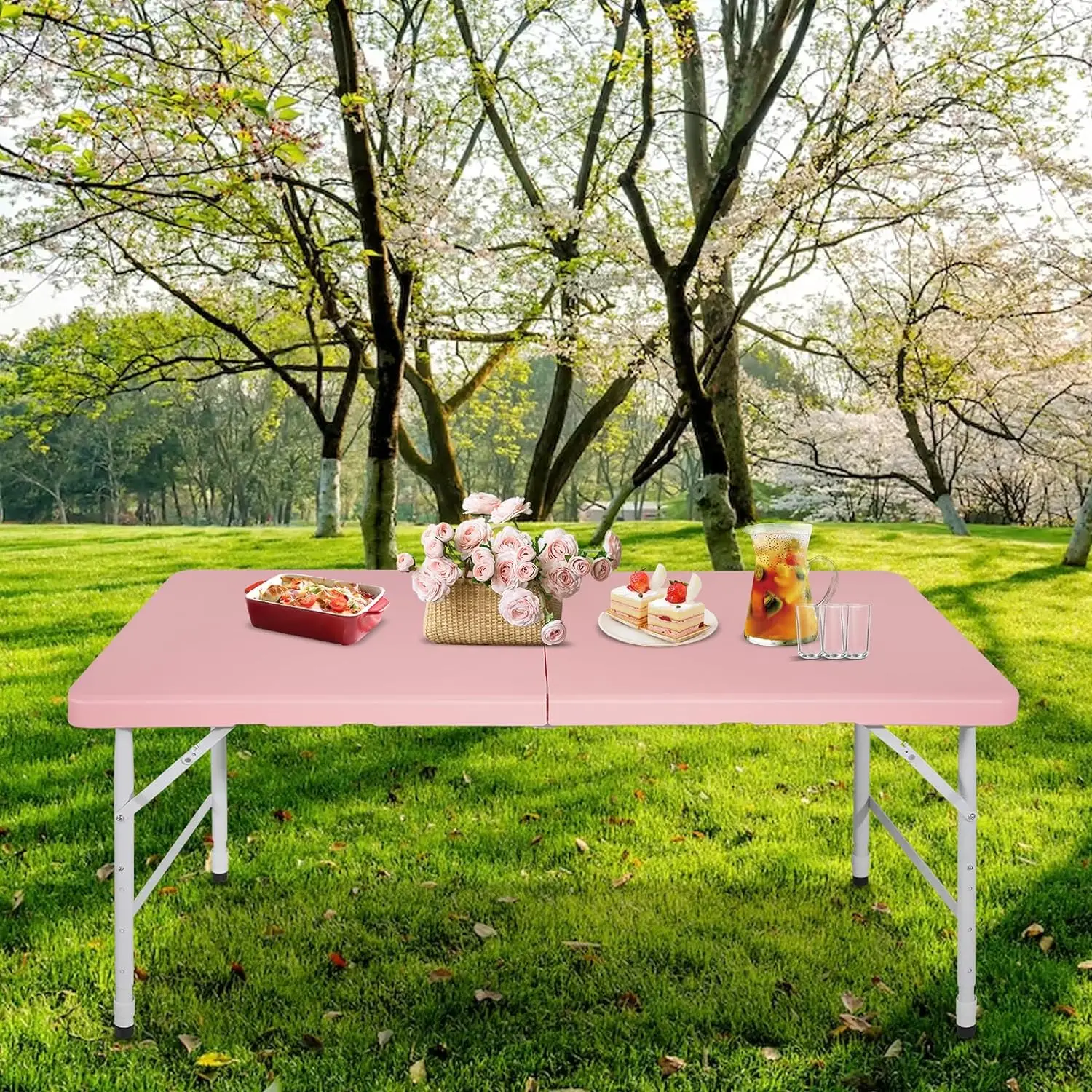 IUNNDS 4FT 6FT 8FT Folding Picnic Table Portable Pink Color Fold-in-Half Plastic Garden Dining Picnic Party Table