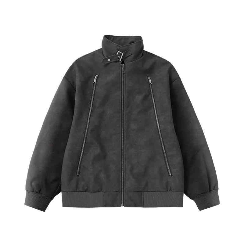 Double Zipper Wash Pattern Pu Leather Jacket Jacket 2024 Autumn And Winter New Trendy Brand American Street Top Casual Jacket