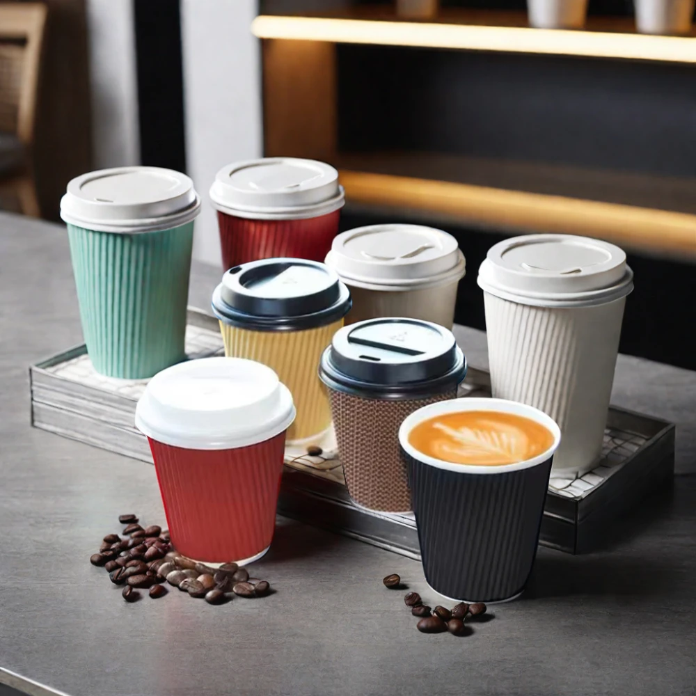 AT PACK 8Oz 12Oz 16Oz 20Oz Biodegradable Disposable Cafe Ethiopia Ripple Double Walled Paper Coffee Cups With Lids