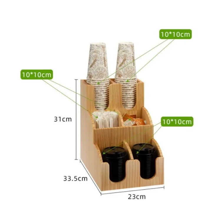 Bamboo Coffee Station Organizer 6 Compartments Condiment Rack Wooden Disposable Cups Holder Dispenser