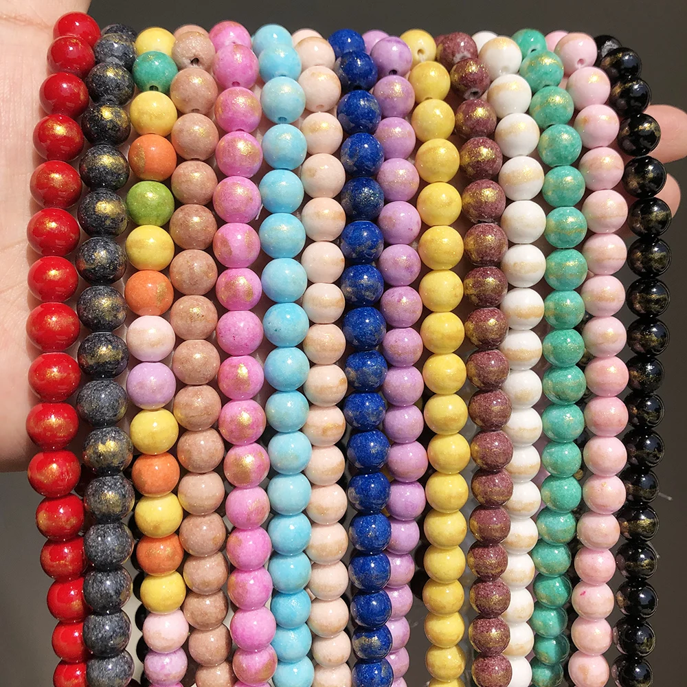 Wholesale 15 Inch Pink/Yellow/Red/Green/Blue Golden Colorful Jades Round Loose Beads for Jewelry Making