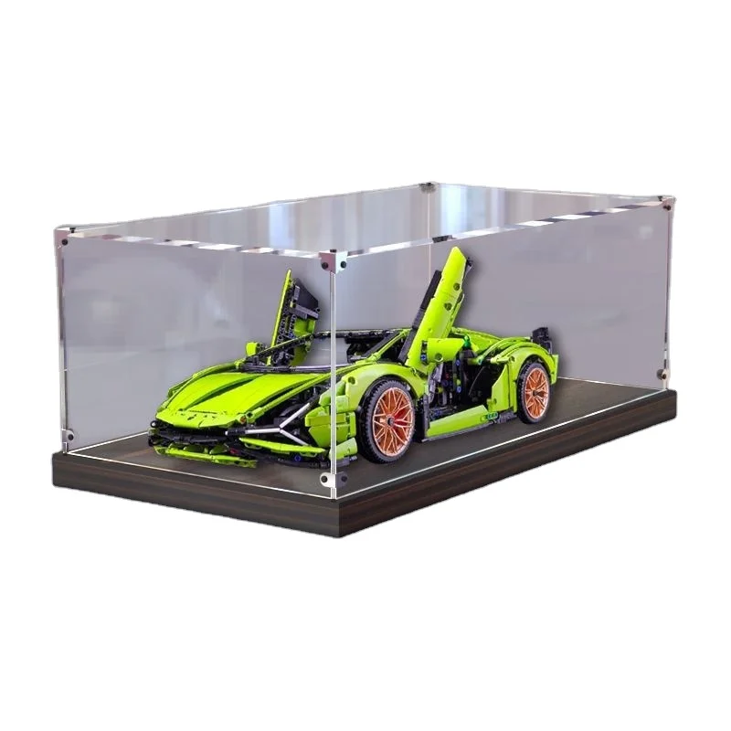 Clear Acrylic Display Box with Wooden Base, Cube Countertop Box for Collectibles, Toys, Home Organization