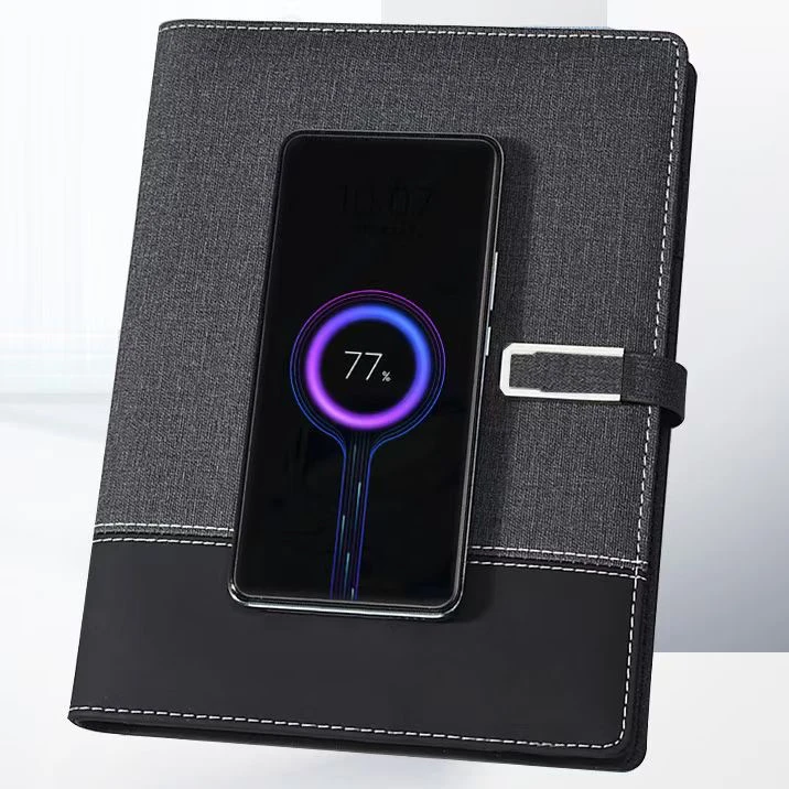 New PU Leather Canvas Travel Portfolio Organizer Power Bank Battery 3 in1 Multi Charger Cable Charging Notebook