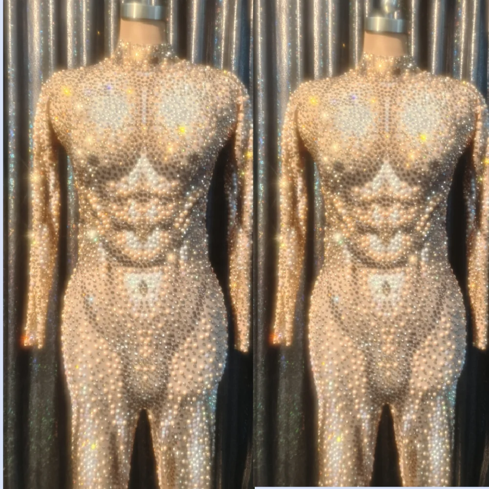 Monos Sexy Stretch Rhinestone Pearl Spandex Bodysuits Male Exotic Dancewear Stripper Outfit Club Men Stage Performance Jumpsuit