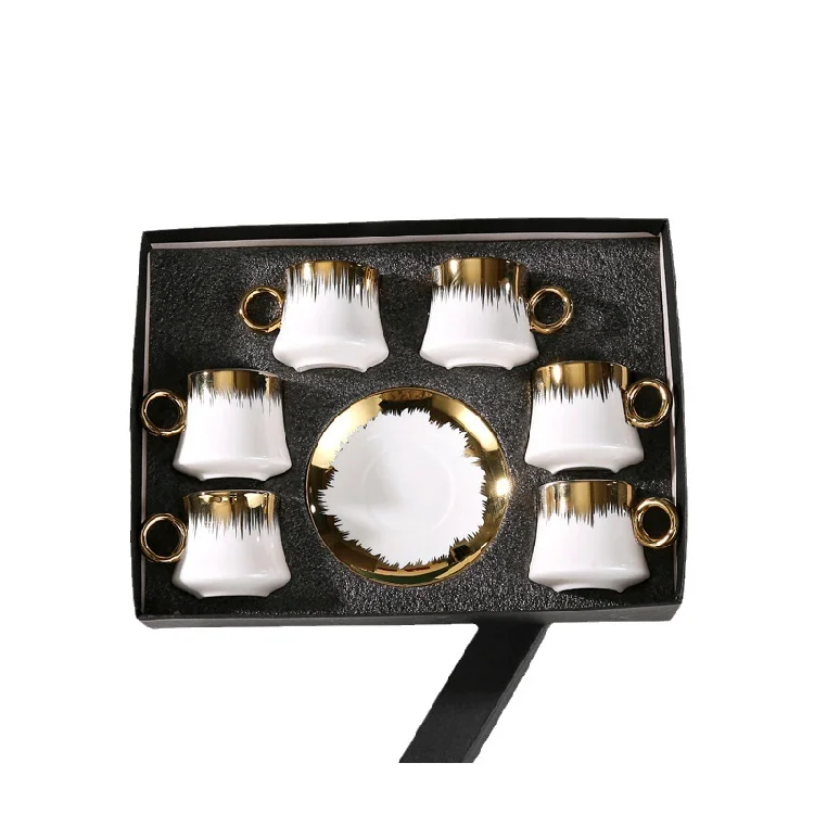 Premium Europeanstyle Ceramic Coffee Cups with Gilded Rim tea cups set of 6& 6 Saucers Gift Set for Turkish coffee cup