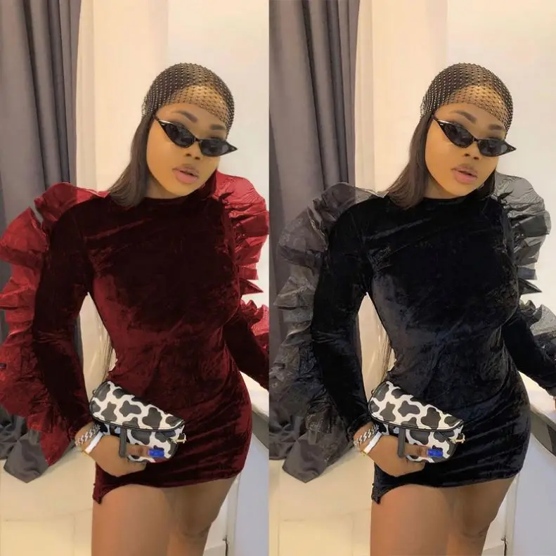 RX  2021 fall o-neck lace mini dress long sleeve black dress velvet women bodycon dresses