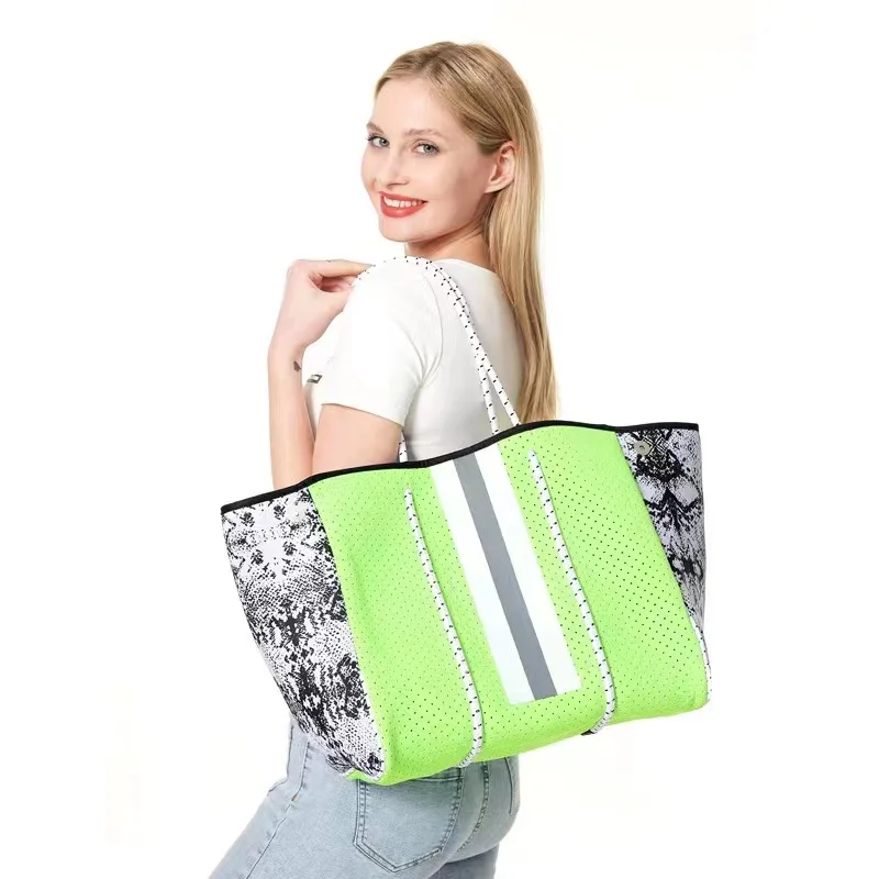 Summer outdoor custom logo  two handles green neoprene beach bag for women