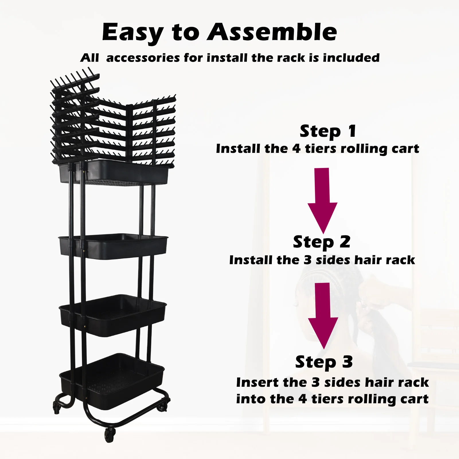 Braiding Hair Rack with 196 Pegs Braiding Rack with 4 Levels of Storage Space 4 Wheels Hair Racks for Braiders Standing
