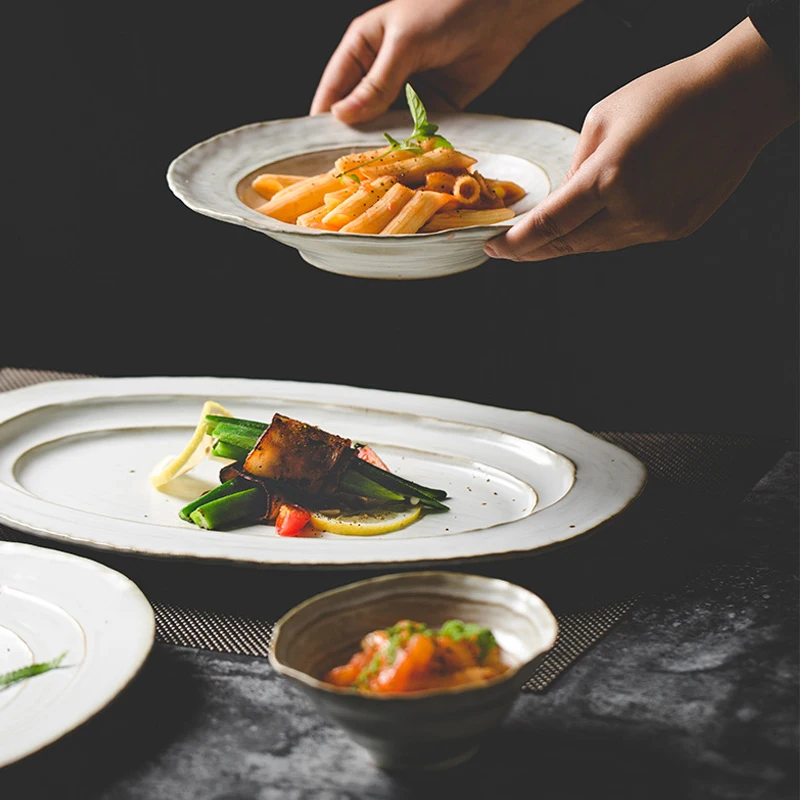 Vintage Coarse Pottery Dinner Plate Ceramic Round Backing Pasta Spaghetti Sushi Salad Serving Cold Dish Restaurant Tableware