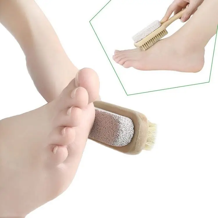 
Wood Handle Pumice Stone Foot Brush Scrubber Feet Exfoliating Dead Skin Remover Natural Bristle Massage Tool 