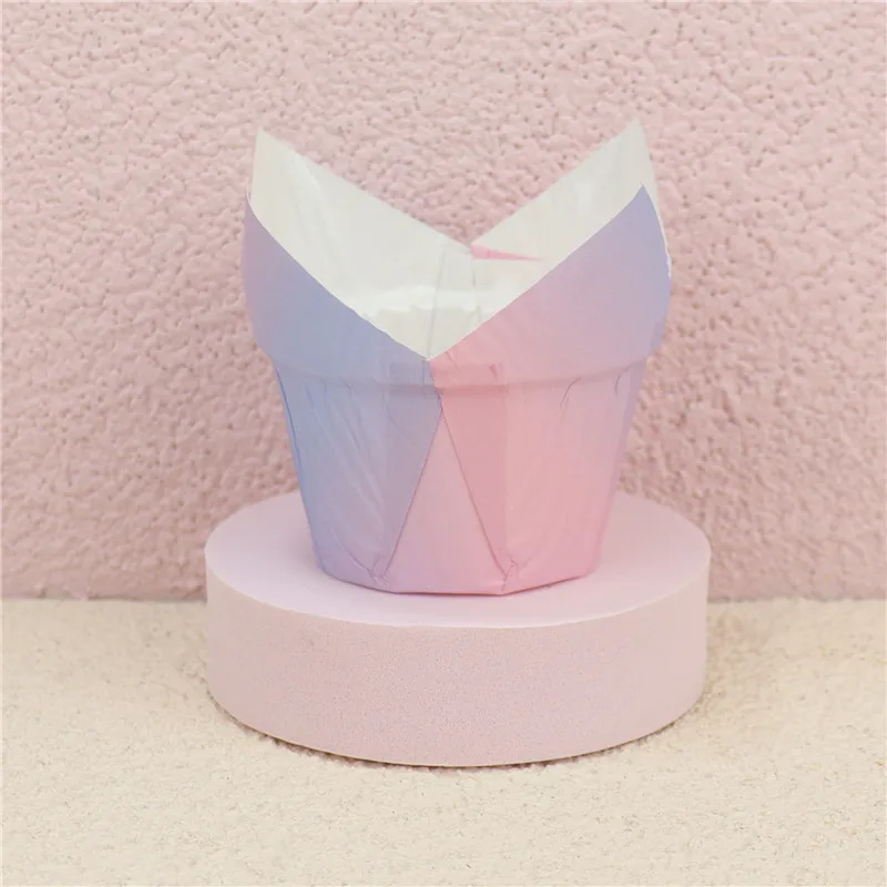 Wholesale tulip pink gradation newspaper muffin cake paper cups Heat resistant oil resistant lace coated muffin paper holder