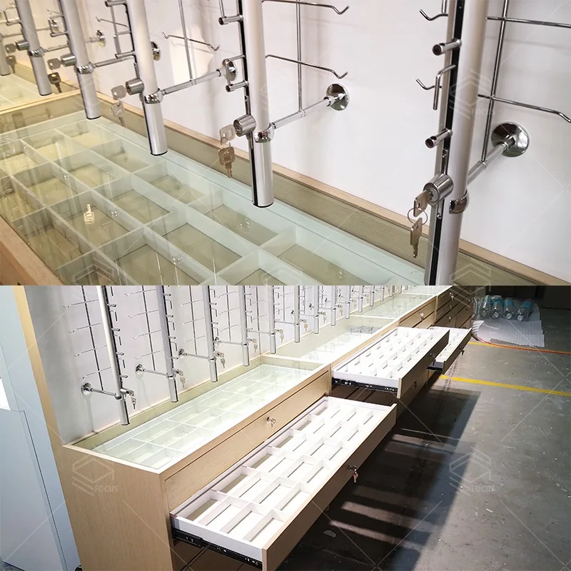 Wooden Eyeglasses store wall mounted display interior design for optical shop fancy optical shop design layout