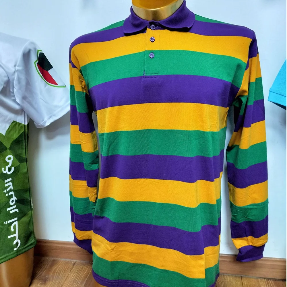 2024 Long Sleeve Mardi Gras Items,Turndown Collar Mardi Gras Shirts Polo,American Carnival Horizontal Stripe Mardi Gras Apparel