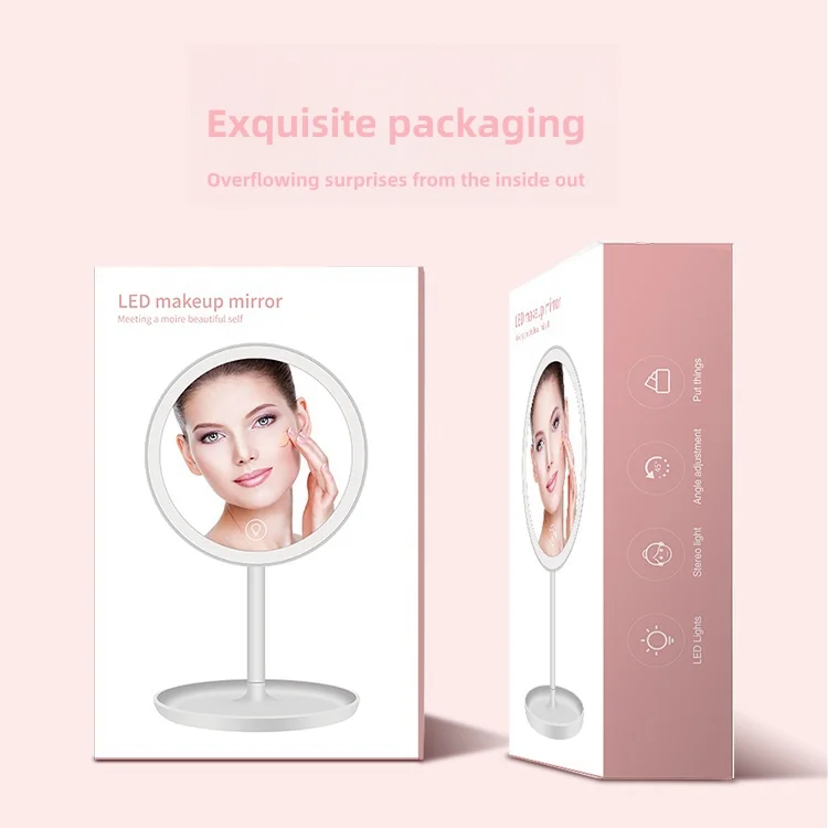 Portable round Desktop Makeup Vanity Mirror with LED Three-Color Lighting and Storage Tray Single Side Box Packing