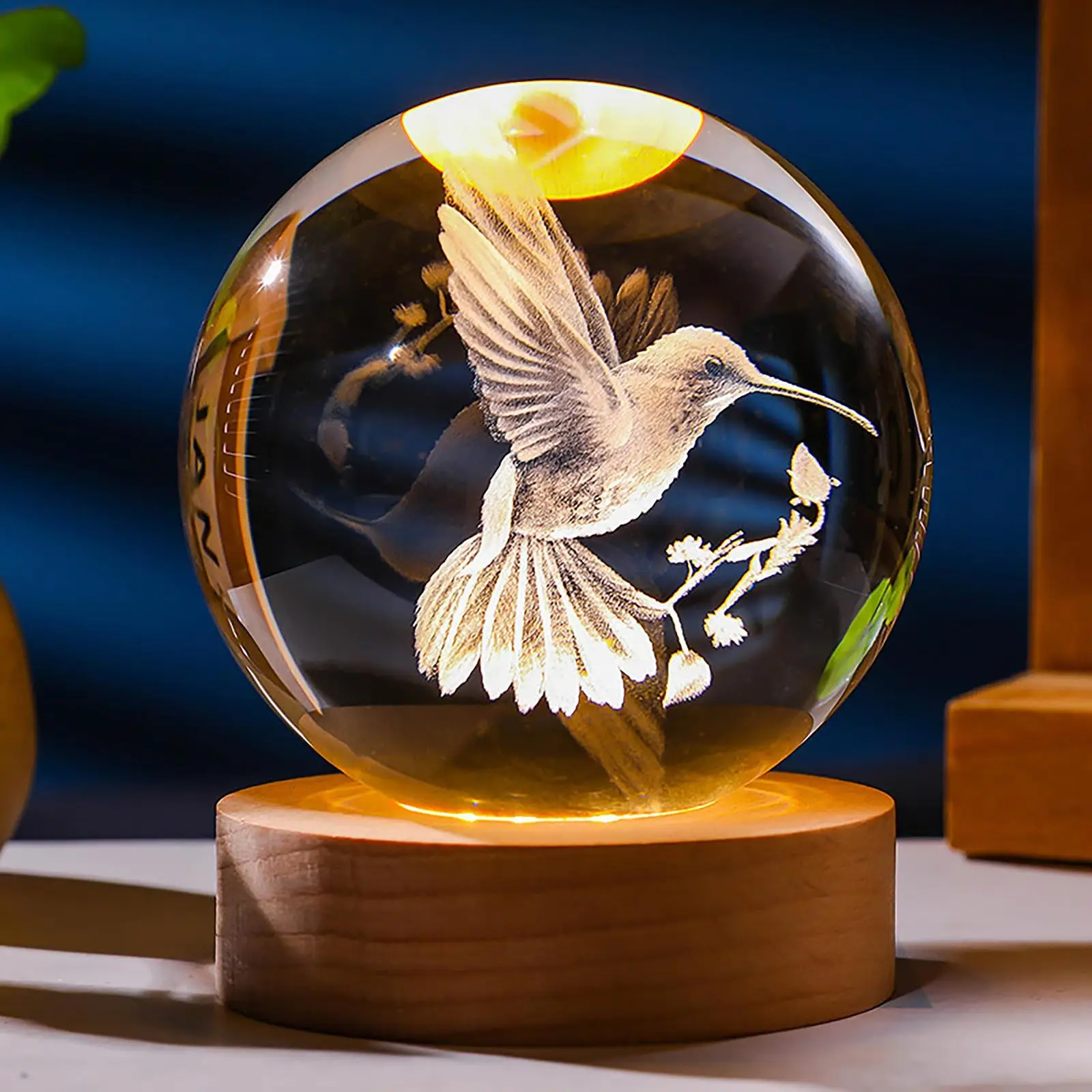 3D Laser Engraved Led Luminous Led Light Crystal Ball 3D Bird Crystal Bird Night Light for Kids Bedroom Decor