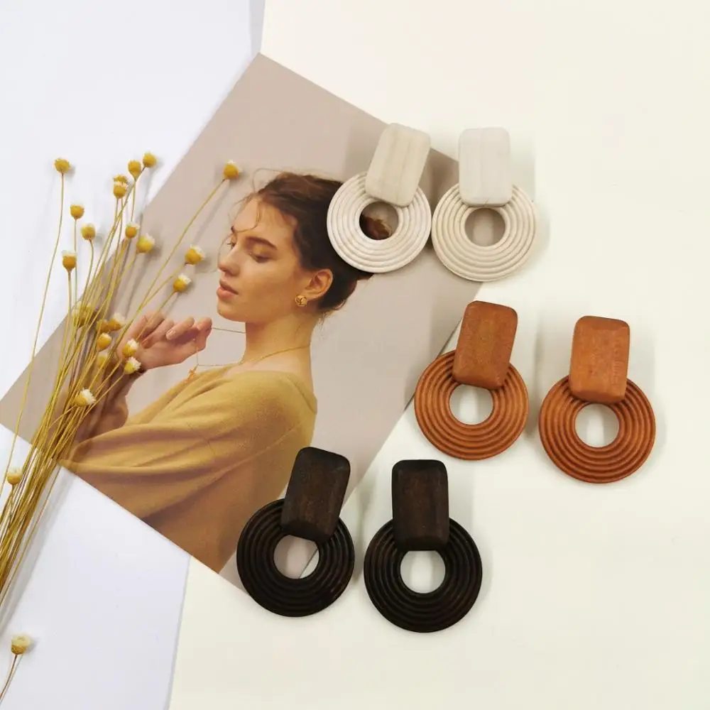 Vriua Natural Personality Fashion Handmade Bamboo Round Drop Wood Earrings Jewelry