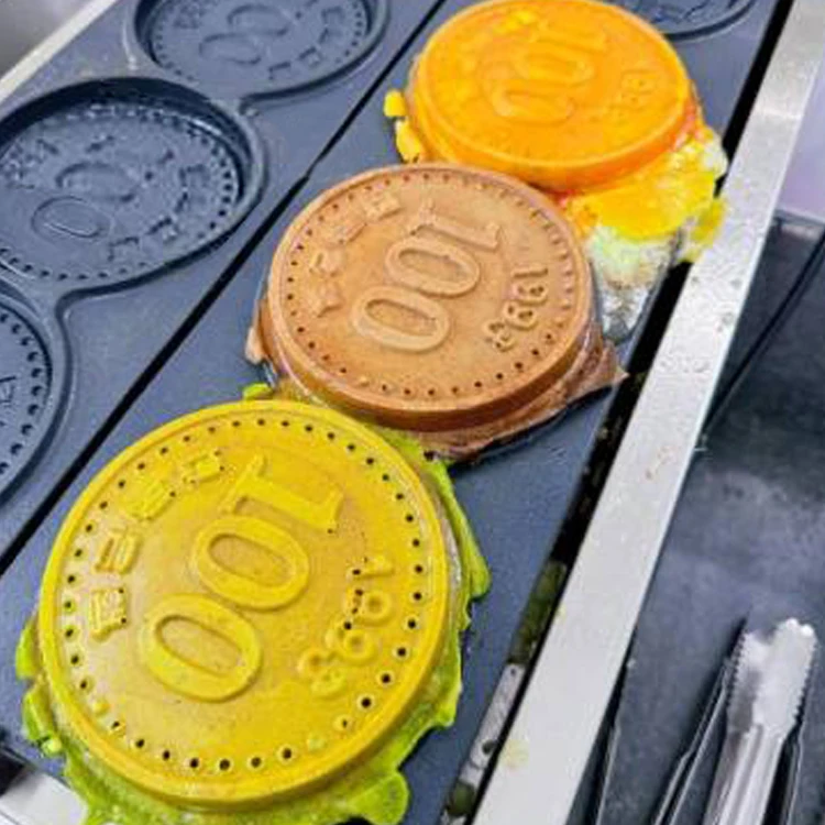 Customized 100 Coin Shaped Waffle Maker Stainless Steel Cast Aluminium Non-Stick Cheese Coin Shaped Waffle Makers Machine