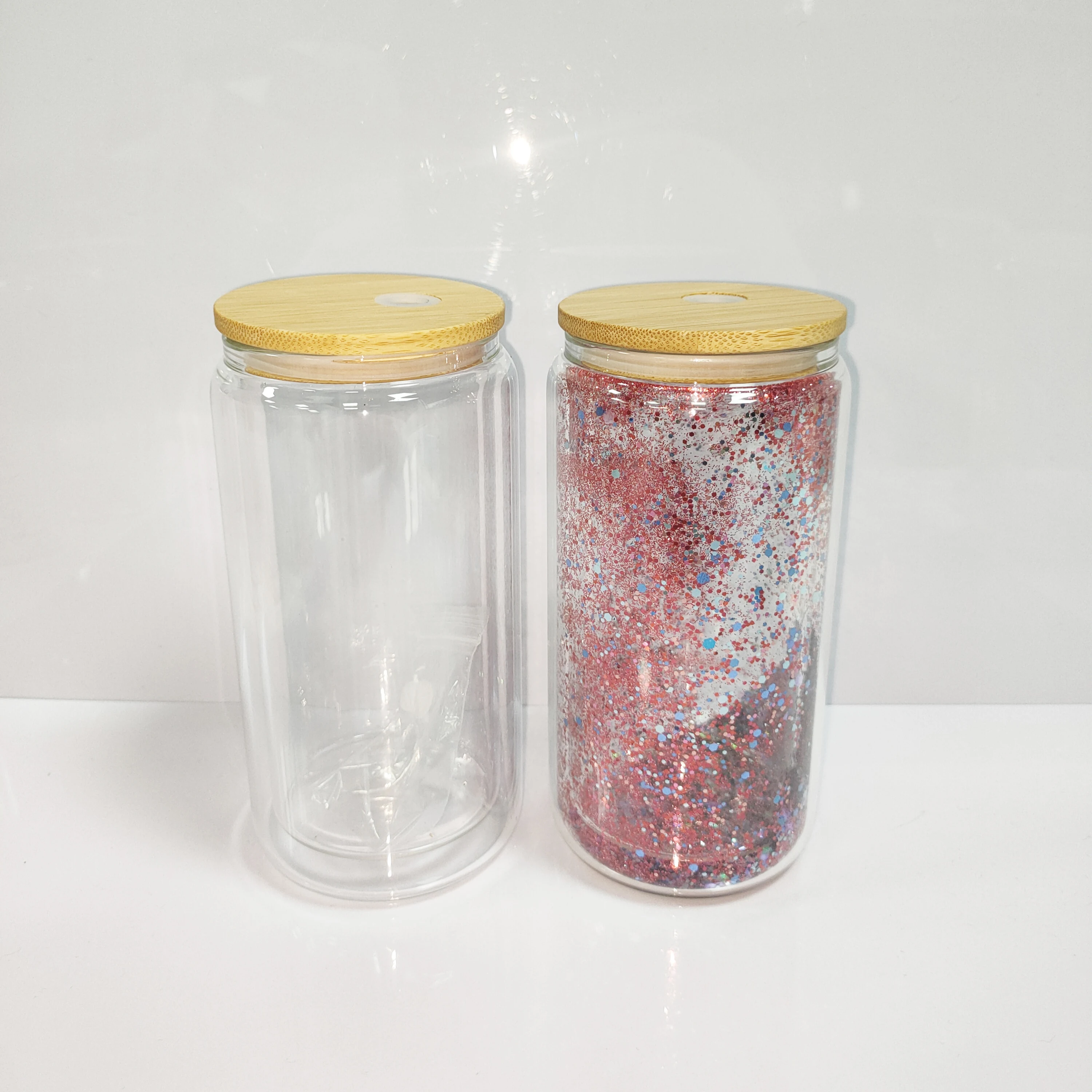 USA 12/16/20oz Double Walled Sublimation Tumblers Glass Can Shape Heat Press Clear Printed Snow Globe With Lid And Straw
