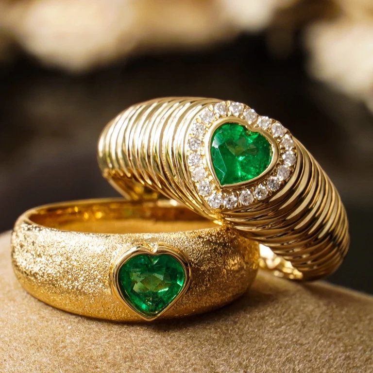 H&F Manufacturer Emerald Heart Cut Ring with Natural Diamond 18K 14K 9K Real Gold Natural Gemstone Fine Jewelry Customize