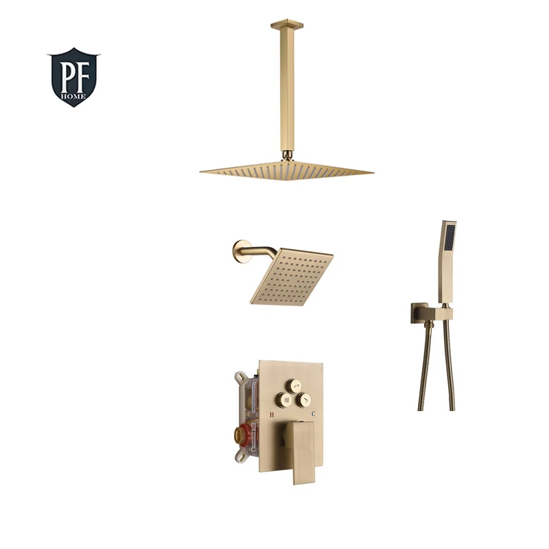 Brushed Gold Shower System Concealed Multiple Head Sprayers Modern High End Rainfall Handheld Jets Brass Control Body 3 in 1 Set