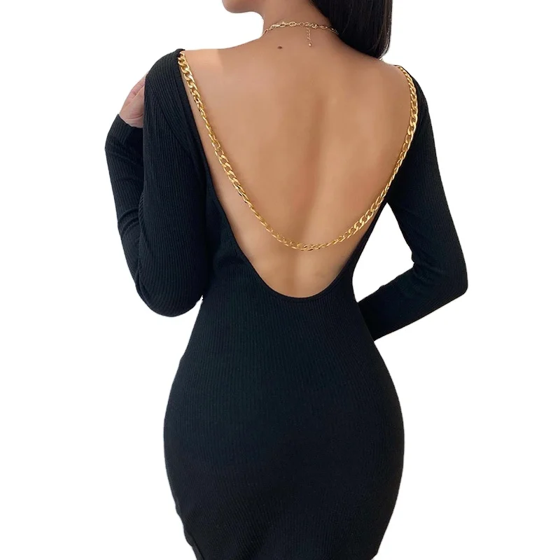 2022 Spring/summer new long sleeve sexy chain backless slim Dress for women