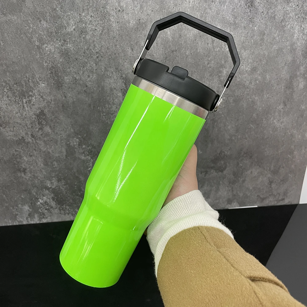 New Arrival Neon 30Oz Insulated Sublimation Tumbler With Swing Handle Lid Stainless Steel 30 Oz Sublimation Flip Straw Tumbler